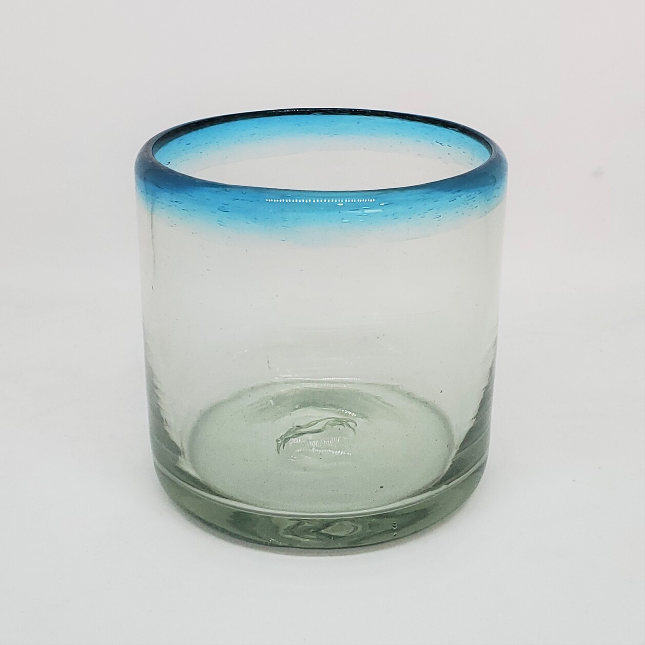 New Items / Aqua Blue Rim 8 oz DOF Rock Glasses  / These glasses are just the right size to enjoy fresh squeezed fruit juice in the moning.